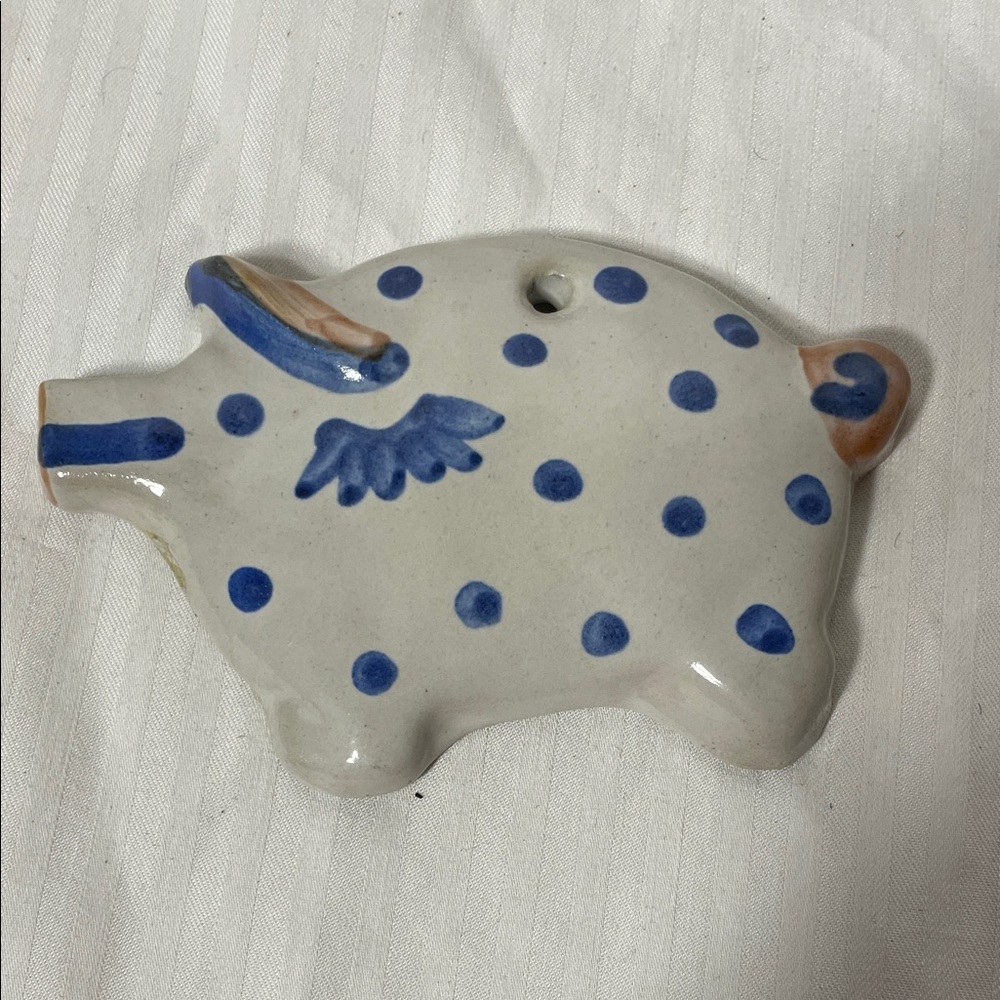 M A Hadley Ceramic Piggy hanging with Blue Polka Dots